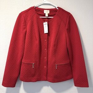 Chicos Women Size-1 Red Jacket Diamond Quilted Collarless Snap Button Zip Pocket